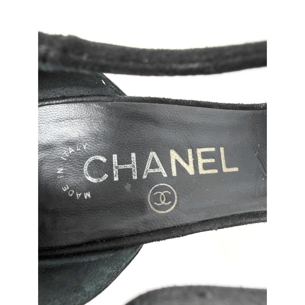 Chanel Black Suede Patent Cap Toe T-Strap Pumps CC Logo Heels 40